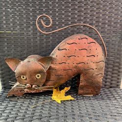 Vtg Scrap Yard Art Metal Cat Lantern Garden Candle Decor indoor/ Outdoor 17x21