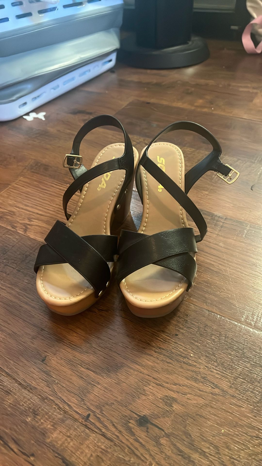 Chunky Black Strapped Small Wedge