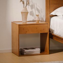 RECCI Solid Bamboo Nightstand, Sustainable Curved Classic Mid-Century Modern Wood Bedside Table with Soft-Close Drawer, Handle-Free Design, Open Shelf