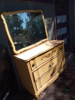 French Revival like 3 Drawer Distressed Dresser with Mirror.