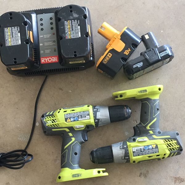 2 Ryobi P277 18v Cordless Drill, 1 18V Lithium Battery, 1 regular charger w/ 3 18V batteries $85 
