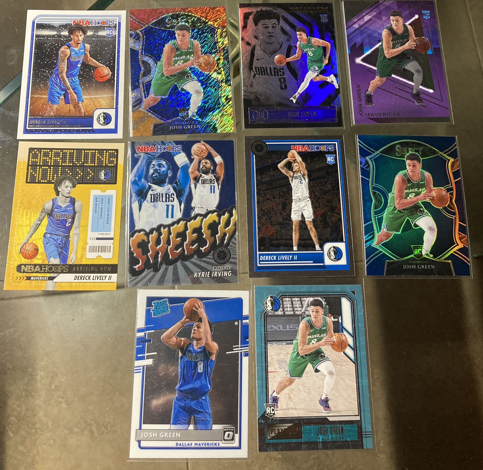 10 card NBA basketball Mavericks Mavs Kylie Irving Dereck Lively & Josh Green Rc rookie select premium stock Hoops etc All cards are In good conditio