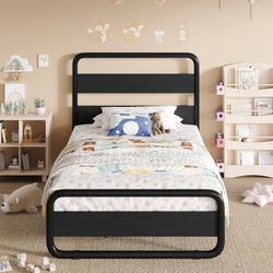 Twin Size Metal Bed Frame with Wooden Headboard, Black Heavy Duty Platform Frame with Under-Bed Storage, Noise Free, No Box Spring Needed