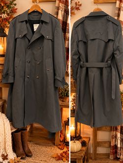 Vintage London Towne Double-Breasted Trench Coat – Charcoal Gray – Size 44 Long – Classic Belted Overcoat