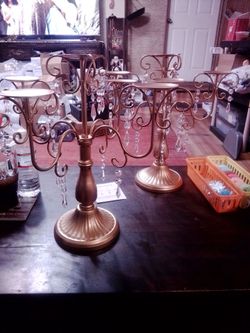 Gold Metal Candelabra with Crystal Drops set of 2