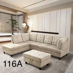 New Grey White Couch Sectional Set With Ottoman