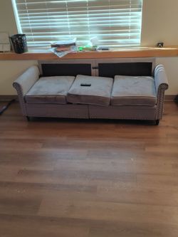 Gray Fabric Sofa with Nailhead Trim