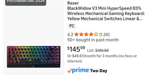 Razer BlackWidow V3 Mini HyperSpeed 65% Wireless Mechanical Gaming Keyboard: Phantom Keycaps