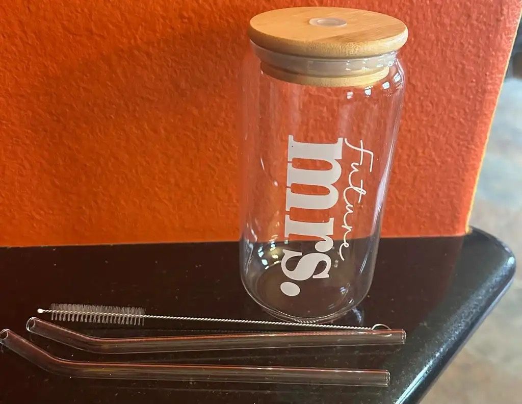New Future Mrs Glass Tumbler With Lid and Glass Straws. Great Gift!