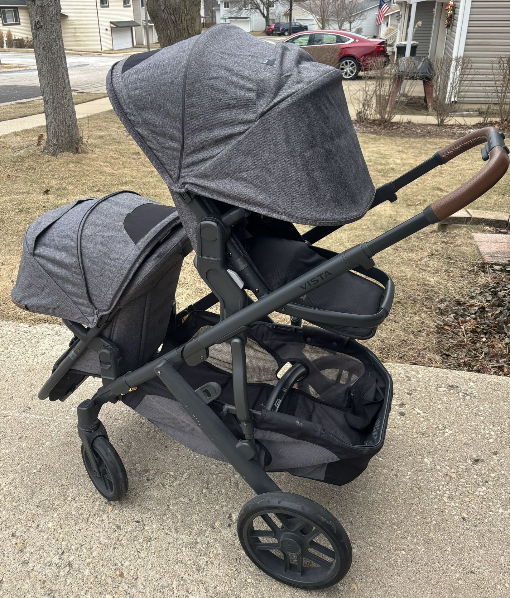 Uppababy V2 Gently Used Grey Charcoal Melange Double Stroller With Toddler And Rumble Seats