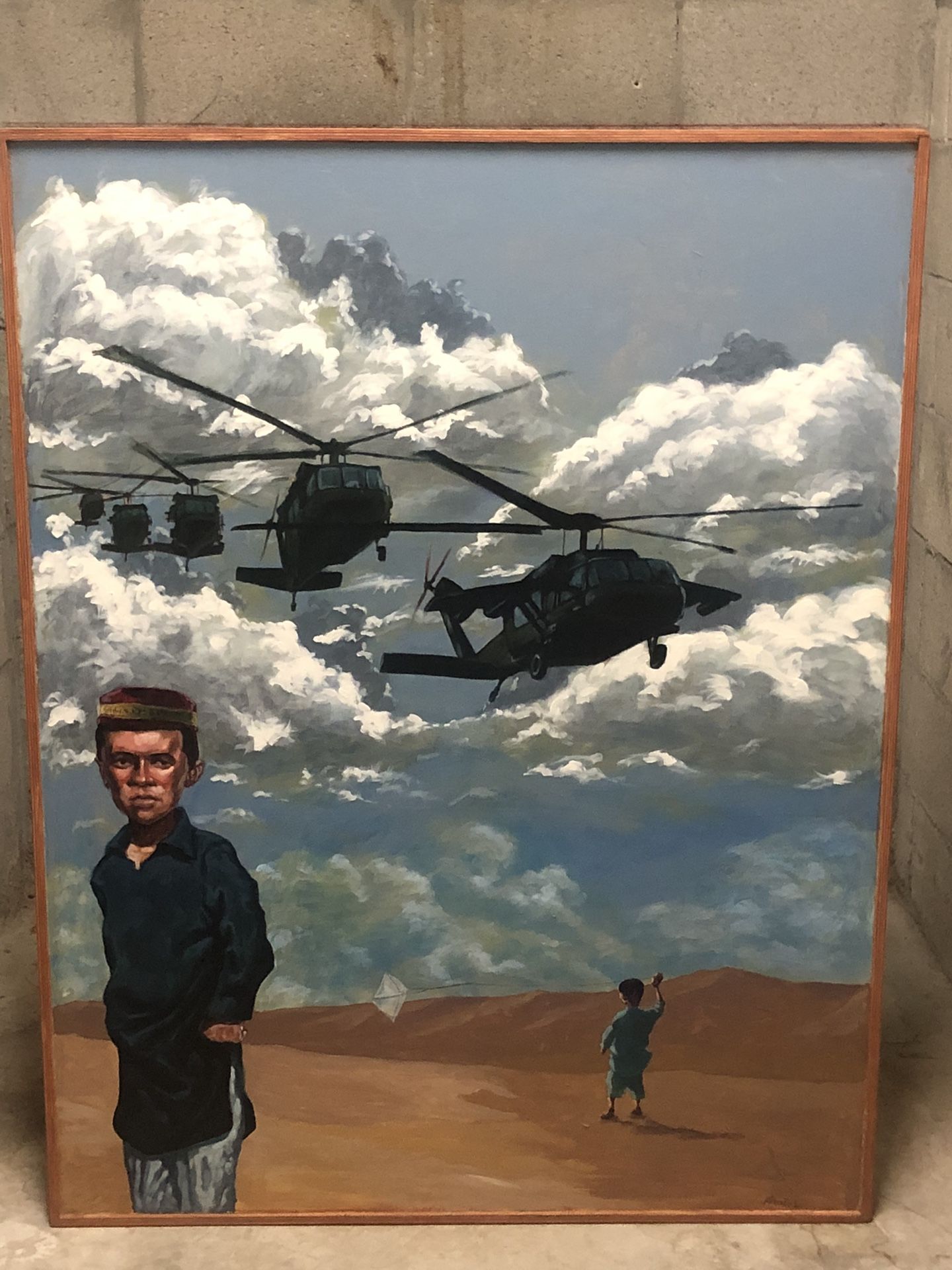 Large Painting On Wood War Art Black Hawk Helicopters Iraq Afghanistan signed Brutus