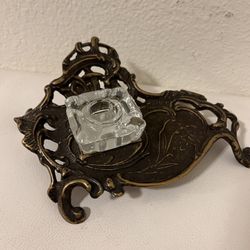 vintage bronze and glass inkwell