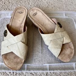 UGG Lyra Leather Slide Sandal Size 8 Wedge Heel Brass Logo Hardware