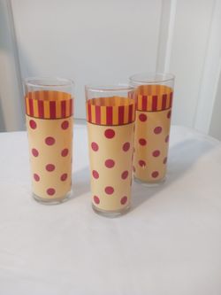 Set of 3 Refreshment Glasses Gail Pittman 12 Oz  Yellow With Red Stripes & Polka Dots 
