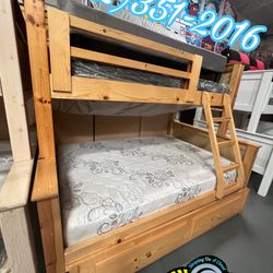 Twin Full Natural Bunk Bed With Mattresses Colchones Incluidos Nuevos Bonitos