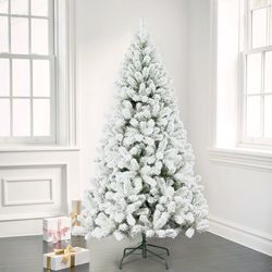 8FT Flocked Christmas Tree, Premium PVC Branch, Metal Stand, Hinge, Artificial Xmas Tree [NEW] **Assembly Req** 