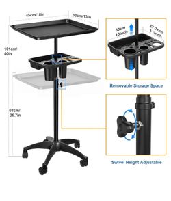 Salon Tray Cart with Extra Storage Space, Upgrade Rolling Tray on Wheels, Metal Stations for Hair Stylist, Height Adjustable Instrument Tattoo Trolley