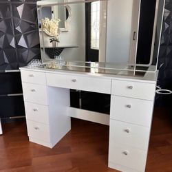 Modern Vanity Table with LED Mirror and Multiple Drawers with Outlets and UsbA.