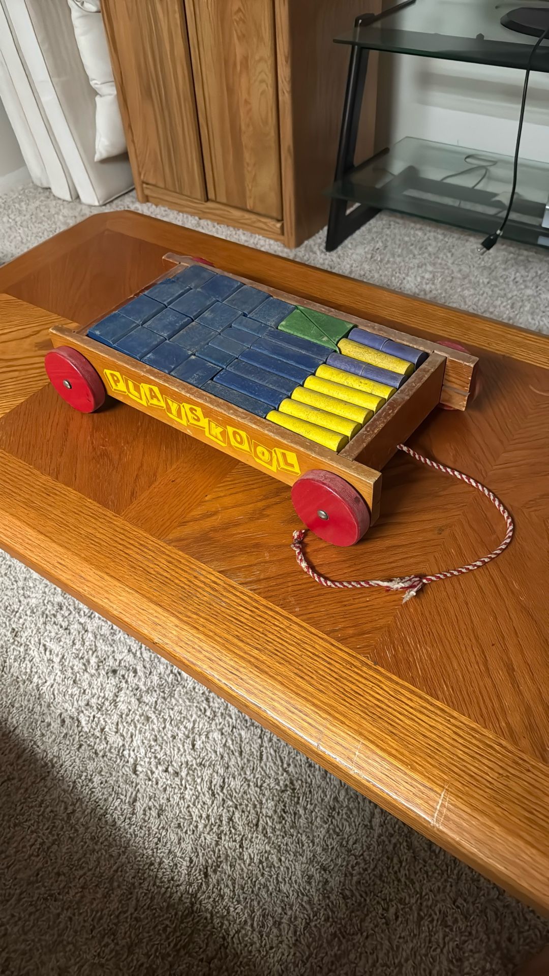 PLAYSKOOL Wooden Block Pull Along Colorol Wood Wagon Vintage 1950s
