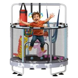 Round Kids Trampoline, Bouncing Trampoline with Safety Enclosure Net, Adjustable Height Handrail, 500lbs Capacity, Designs for Boys & Girls, 7-in-1, 5