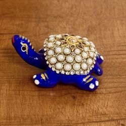 Blue Glass Feng Shui Turtle With Pearls & Stones - 