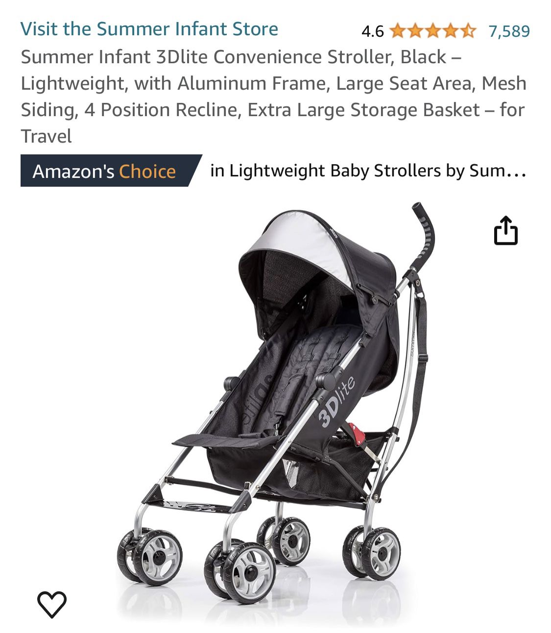 Summer Infant 3Dlite Convenience Stroller, Black – Lightweight, with Aluminum Frame, Large Seat Area, Mesh Siding, 4 Position Recline, Extra Large Sto