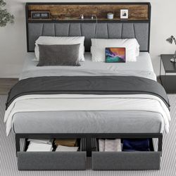 (NEW) Full Size Bed Frame with Headboard and Storage, Drawers, Charging Station, and LED Light