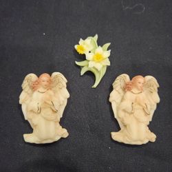 Vtg 3 Roman Inc Brooch Pin - 2 Seraphin Angels(1.75")&1 Flower(1.5")