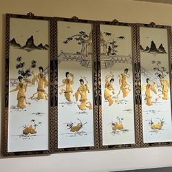 Panel Wall Hangings, Oriental Shell Art, White Lacquer, Home Decor, Wall Art, Mother of Pearl Shells