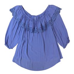 NWT St. John's Bay Blue Off-the-Shoulder Ruffle Collar 3/4 Sleeve Boho Size 3X