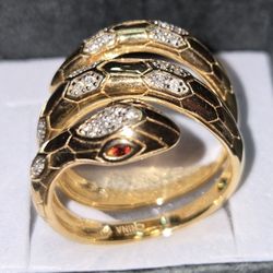 1/10 ctw Genuine Diamond and Garnet wrap Snake ring. 18k YG over .925 Sterling Silver. Size 7