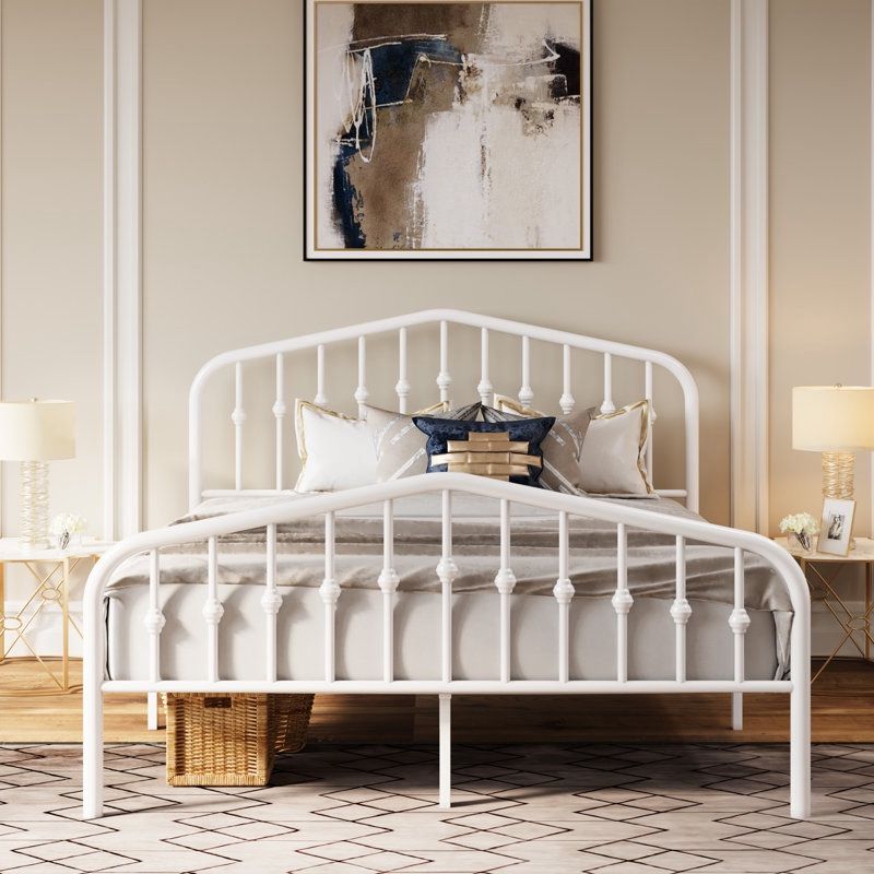 Queen Size White Metal Platform Bed with Vintage-Style Headboard and Footboard