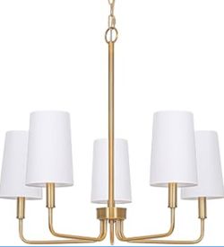 New 25”Brushed Brass Gold W White Fabric Shade Chandelier Linear Pendant Lighting Adjustable Height