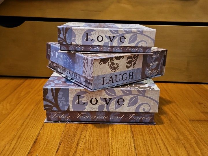 Elegant 3 Pc Nesting Storage Box Set Purple Fleur De Lis Love Laugh Happiness