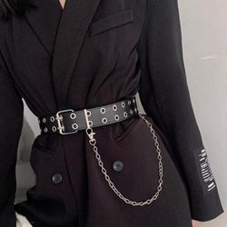 Korean style leather double hole belt black with chain fashion