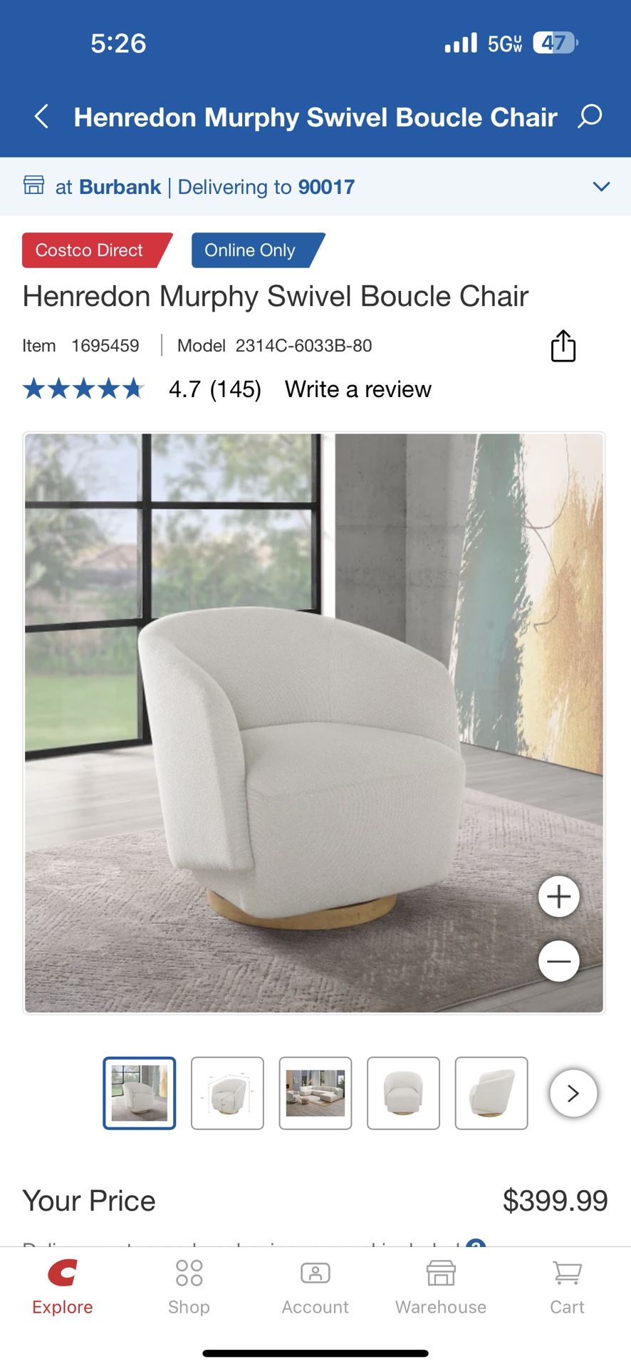 Henredon Murphy Swivel Boucle Chair COSTCO