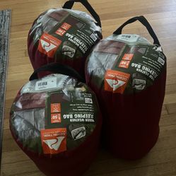 3 RED OZARK ADULT SLEEPING BAGS  NO STAINS OR RIPS