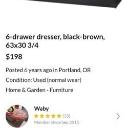6-drawer dresser, black-brown, 63x30 3/4