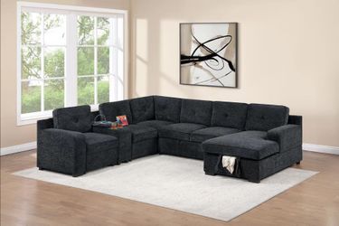 Brand new black and gray chenille 4-Piece Convertible Sectional
Pull-Out Bed Sofa W/Console + Cup Holder + USB Port +Chaise Storage
