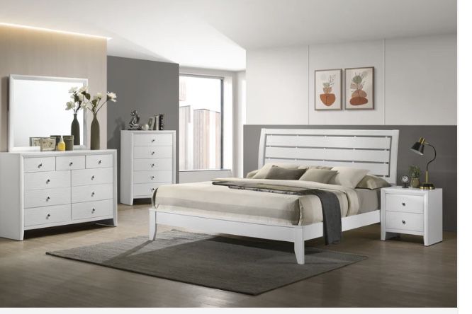 Evan White Panel Bedroom Set ( Queen, king, twin, full bedroom set - bed frame- tall dresser, nightstand and chest, mattress options