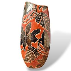 Vintage Napco Floral Ceramic Vase MCM Glazed 18" Tall Amazing Orange Art Deco 