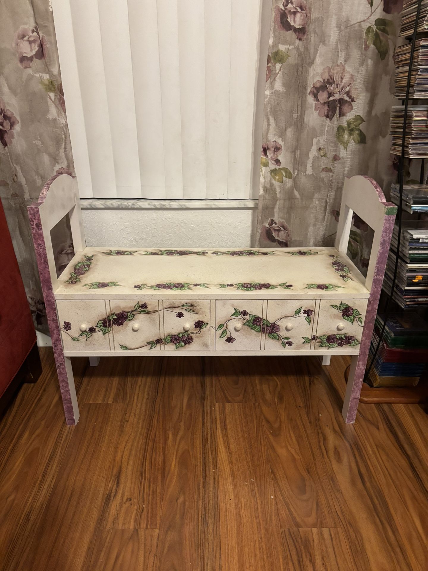 White Floral Wood Bench