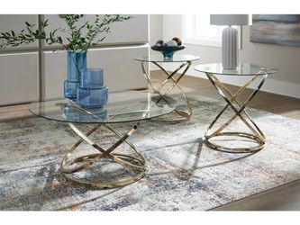 Contemporary design 3 Pc Coffee table set w/gold tone finish & glass top