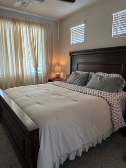 Dark Wood King Bed Frame with Headboard, Nightstands, and Dresser