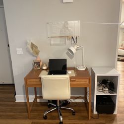 Threshold Rattan Writing Desk, Desk Chair, Dry Erase Calendar, Desk Lamp