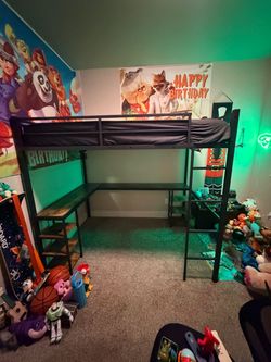 Metal Loft Bed Frame with Desk and Shelves