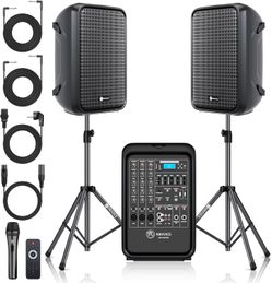 Professional Portable All-in-One 2-Way PA System Suitcase-Style Design with 8-Channel Mixer and 2X Speaker Stands,Bluetooth, Microphone, Remote Contro