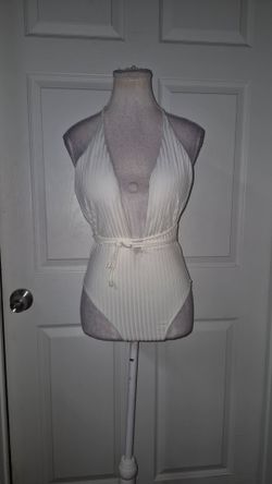 Off White Ribbed Deep V  Swimwear MEDIUM