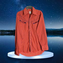 Vintage Karman Red Orange Navy Plaid Western Shirt w Pearlized Red Snaps Men ~M