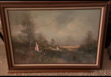 OBO S. Hudson Framed Signed Impressionist Canvas Landscape Painting Women Trees